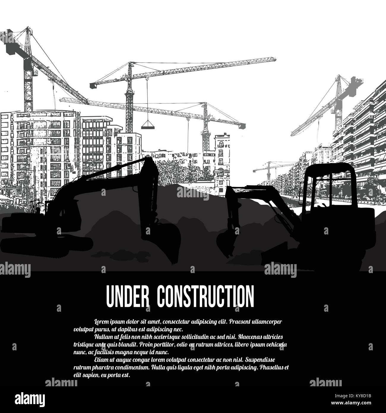Under construction concept with excavator, buildings and cranes, vector ...