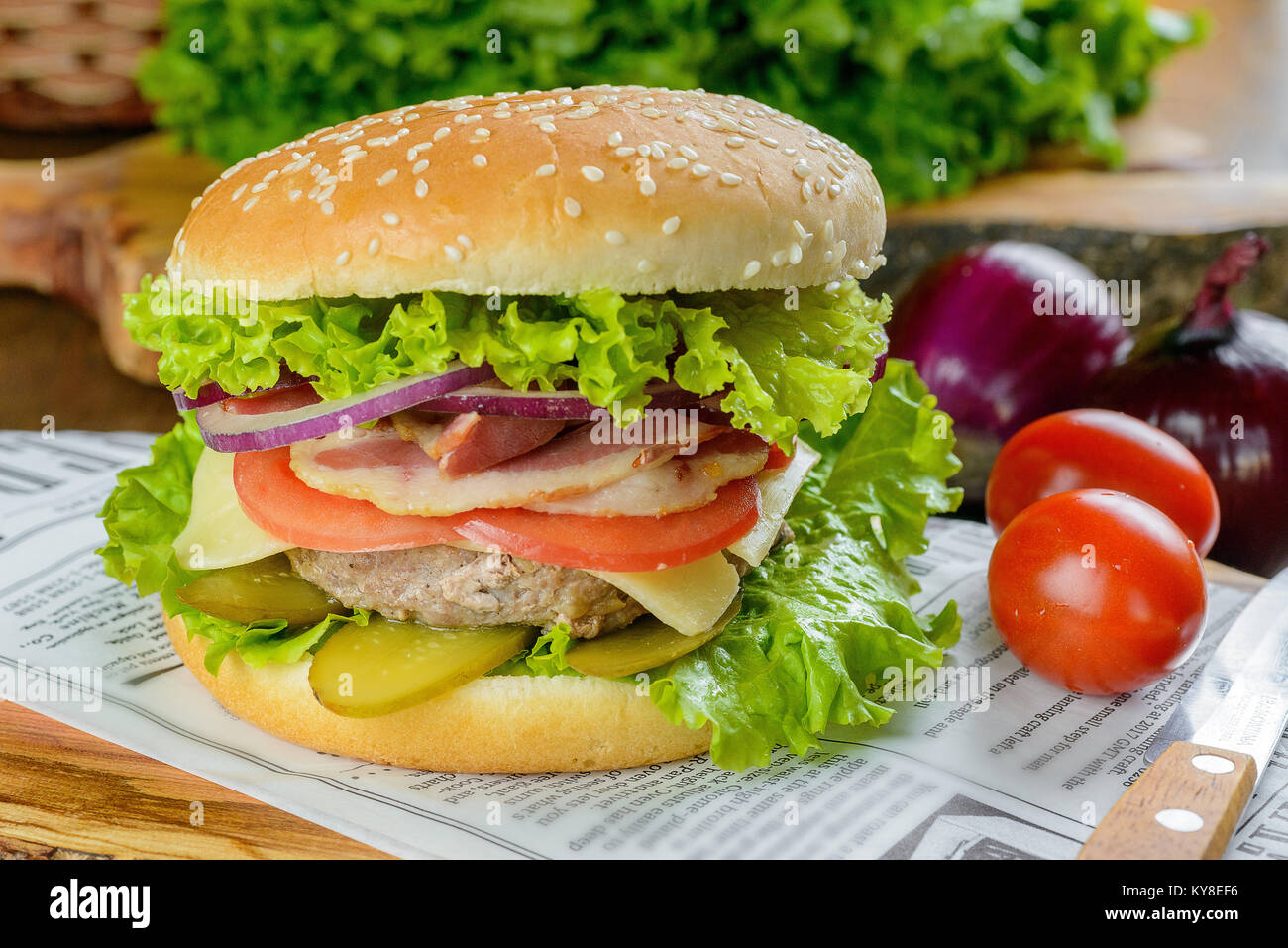 Great Burger on newspaper Stock Photo