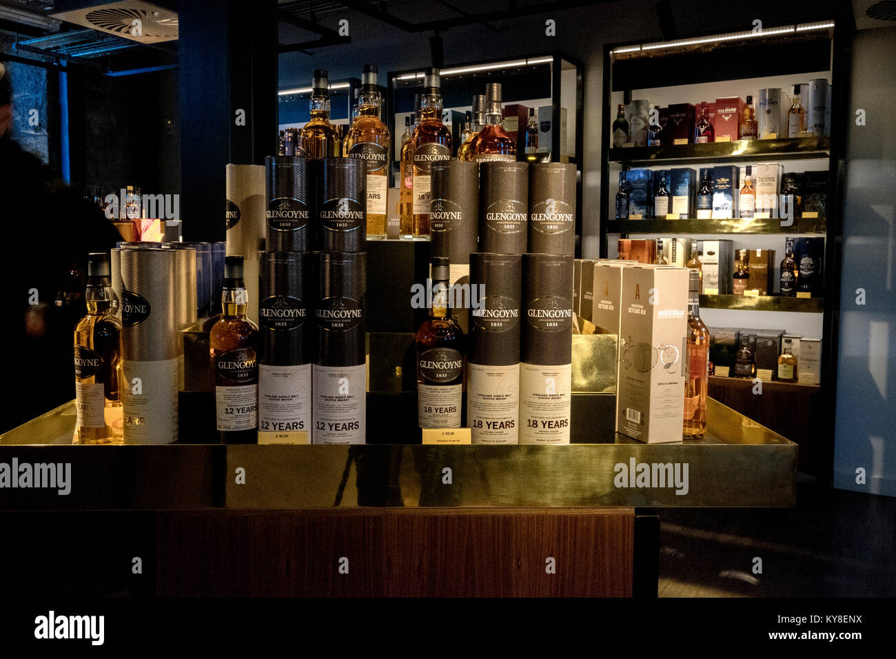 A shop display of whisky bottles Clydeside Distillery, Glasgow, Scotland Stock Photo