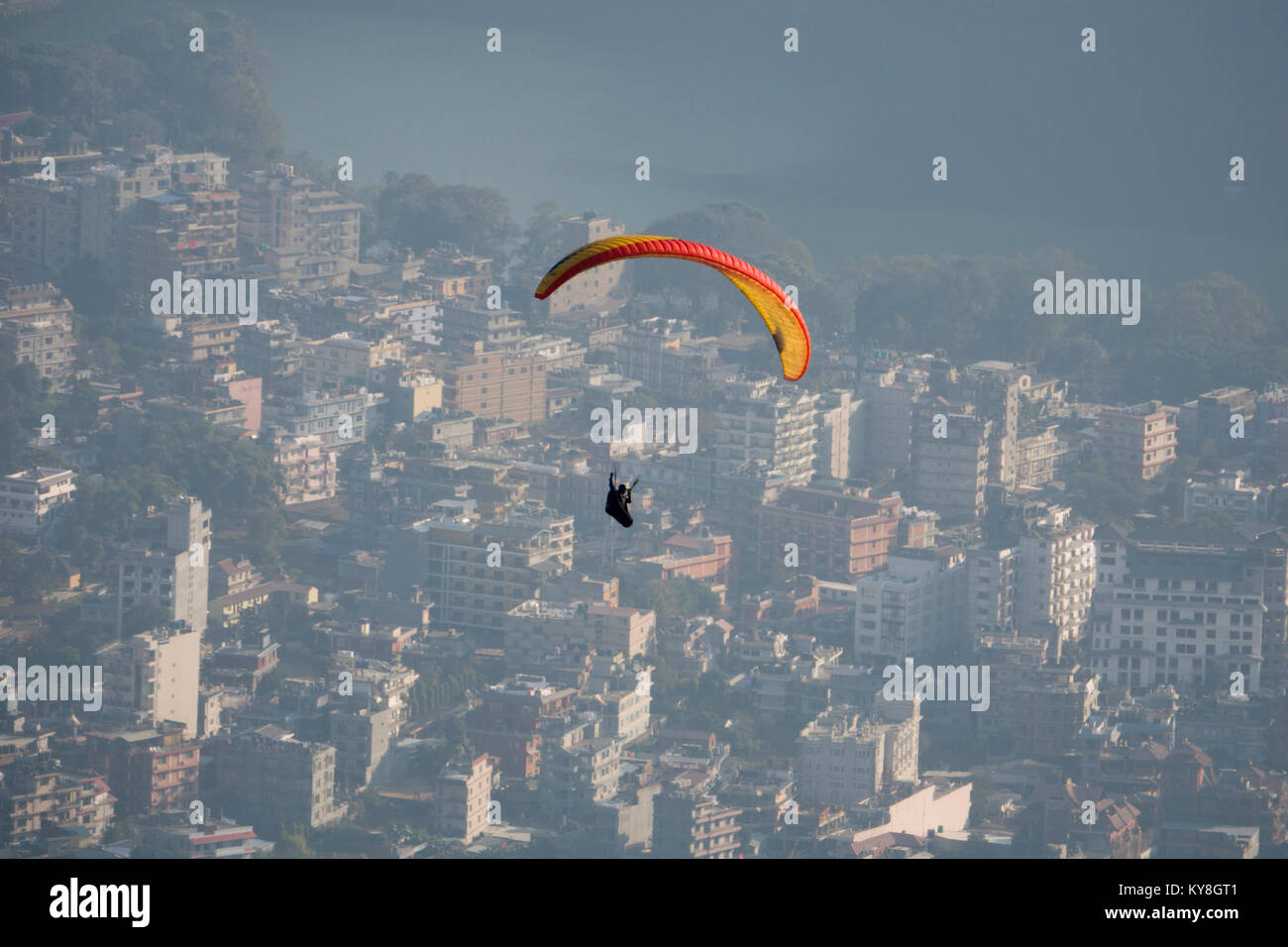 Paragliding flight over Pokhara, Nepal Stock Photo