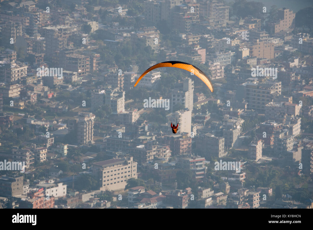 Paragliding flight over Pokhara, Nepal Stock Photo