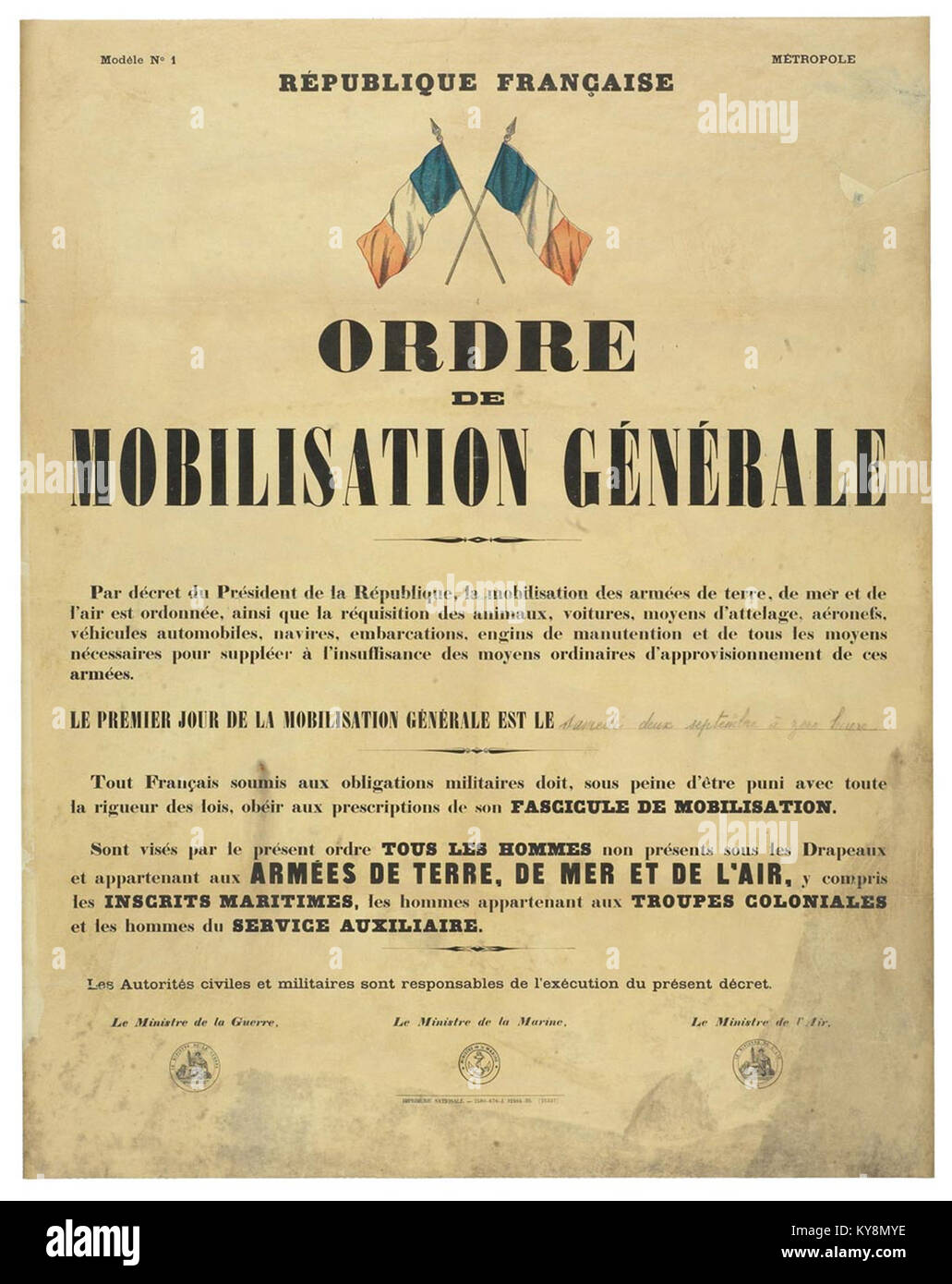 Ordre de mobilisation générale 1939 Stock Photo