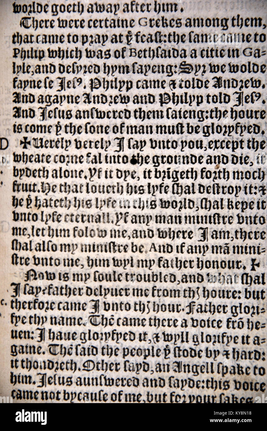 William Tyndale's 1538 edition of the English New Testament, which showed the English text and Erasmus' Latin text. From the Reed Rare Books Collection in Dunedin, New Zealand. Stock Photo