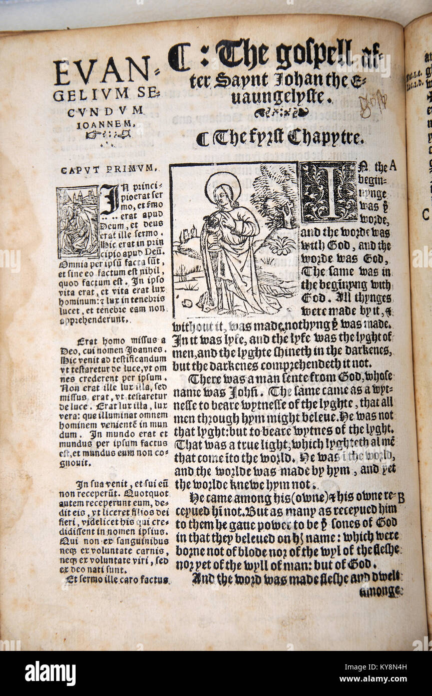 Title Page from the Gospel of John in William Tyndale's 1538 edition of the English New Testament, which showed the English text and Erasmus' Latin text. From the Reed Rare Books Collection in Dunedin, New Zealand. Stock Photo