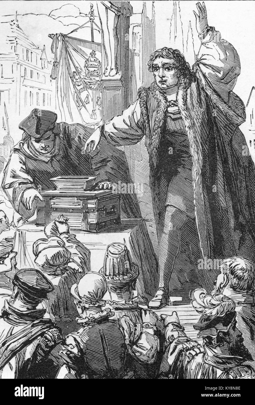 Line drawing of Tetzel selling indulgenses, the incident that prompted Martin Luther to challenge the Roman Catholic Church in 1517. Stock Photo