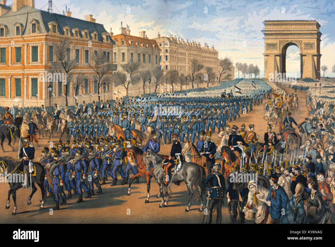 Prussian Troops Parade Down the Champs Élysée in Paris (1 March 1871) Stock Photo