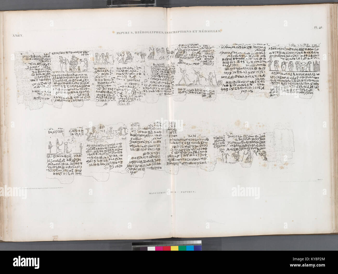 This manuscript, written on papyrus, features hieroglyphs, inscriptions ...