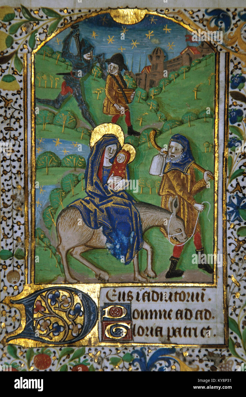 Detail of a page from a 15th Century Book of Hours, written in France on vellum, showing Joseph and Mary taking Jesus to Egypt. (Fragment 19) From the Reed Rare Books Collection in Dunedin, New Zealand. Stock Photo