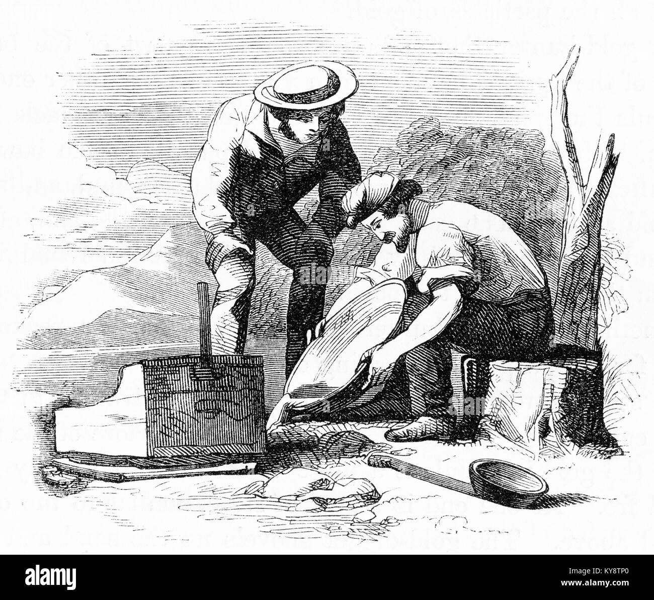 Engraving of two prospectors panning for gold in California. From an original engraving in the Harper's Story Books by Jacob Abbott, 1854. Stock Photo