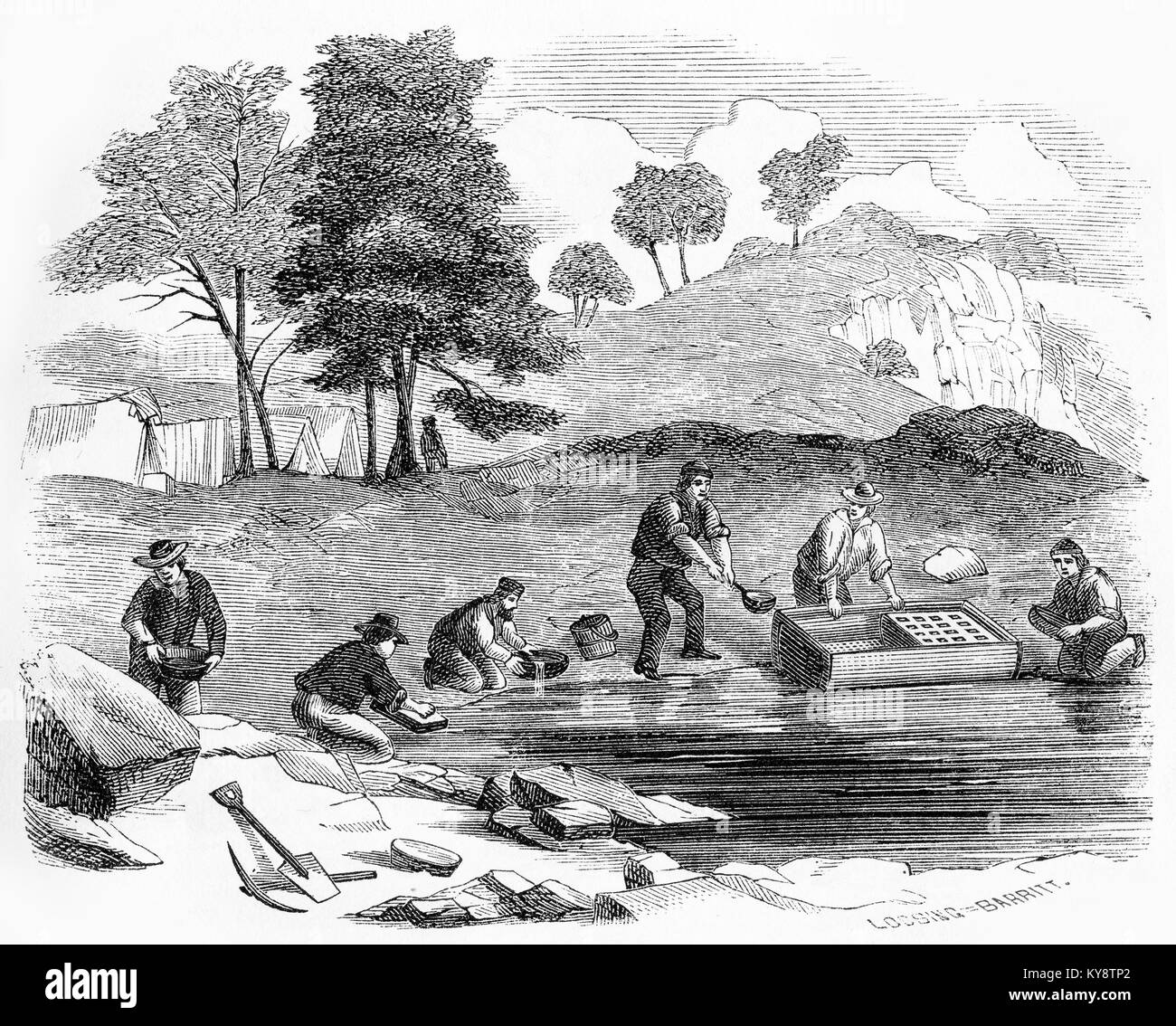 Engraving of prospectors using a rocker or cradle for separating gold from gravel. From an original engraving in the Harper's Story Books by Jacob Abbott, 1854. Stock Photo