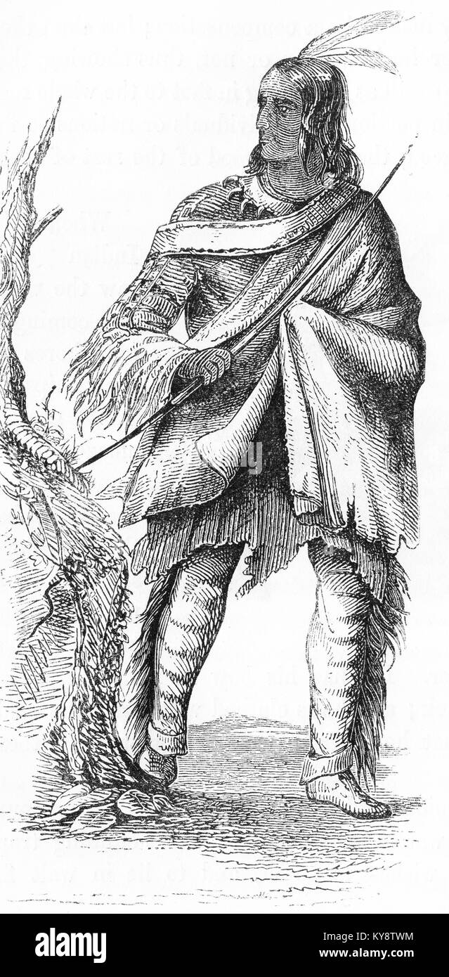 Engraving of an Indian from North America, made for a child's story book during the era of American expansion. From an original engraving in the Harper's Story Books by Jacob Abbott, 1854. Stock Photo