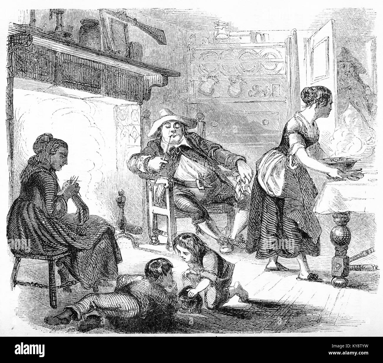 Engraving of a farming Dutchman and his family enjoying an evening at home. From an original engraving in the Harper's Story Books by Jacob Abbott, 1854. Stock Photo