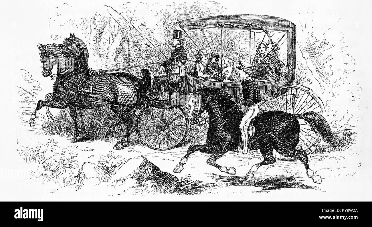 Engraving of a boy on a horse racing a barouche, or cart, during the Victorian era. From an original engraving in the Harper's Story Books by Jacob Abbott, 1854. Stock Photo