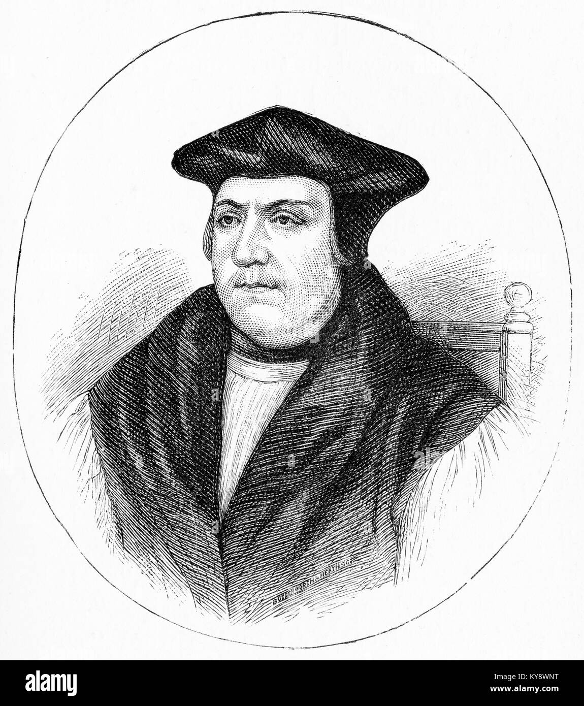 Engraving of Matthew Parker (1504 – 1575) Archbishop of Canterbury 1559 - 575. Influential theologian and co-founder (with Thomas Cranmer and Richard Hooker) of Anglican theology.. From Our English Bible by John Stoughton, circa 1900. Stock Photo