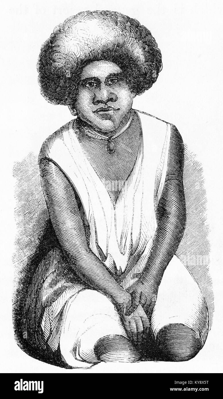 Engraving of a woman from the island of Fiji, captioned as 'A Feejee Woman' in the original book. From an original engraving in the Harper's Story Books by Jacob Abbott, 1854. Stock Photo