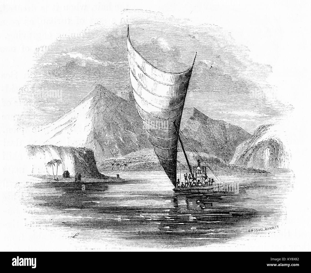 Engraving of a native canoe in the South Seas, most likely Fiji. From an original engraving in the Harper's Story Books by Jacob Abbott, 1854. Stock Photo