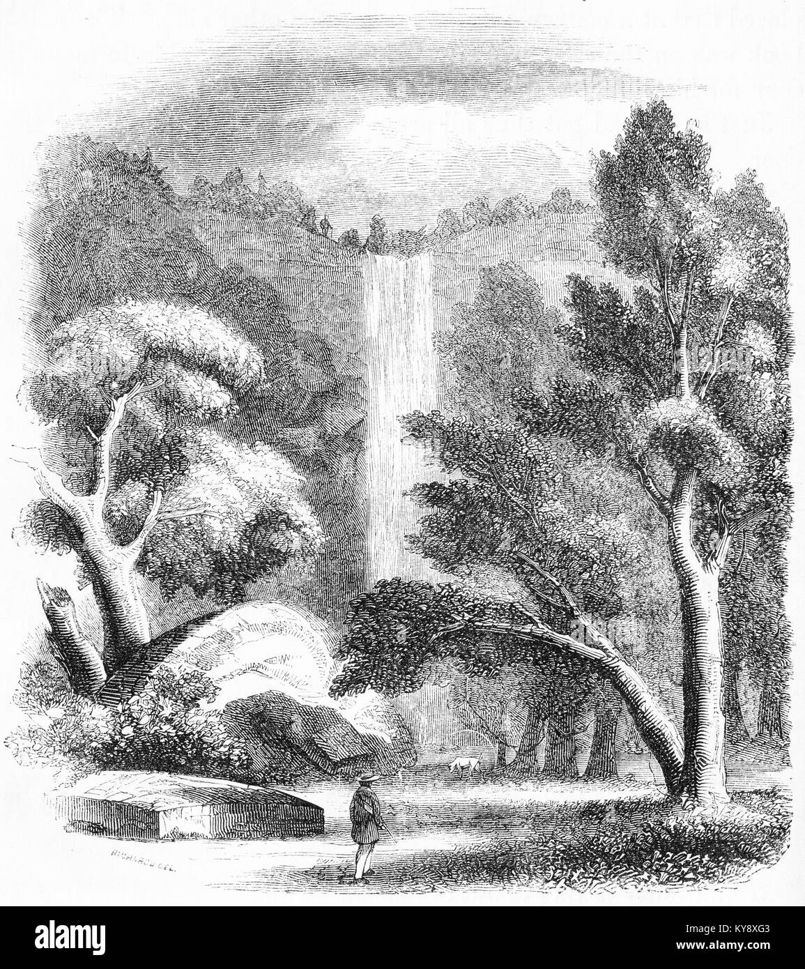 Engraving of a high waterfall. From an original engraving in the Harper's Story Books by Jacob Abbott, 1854. Stock Photo