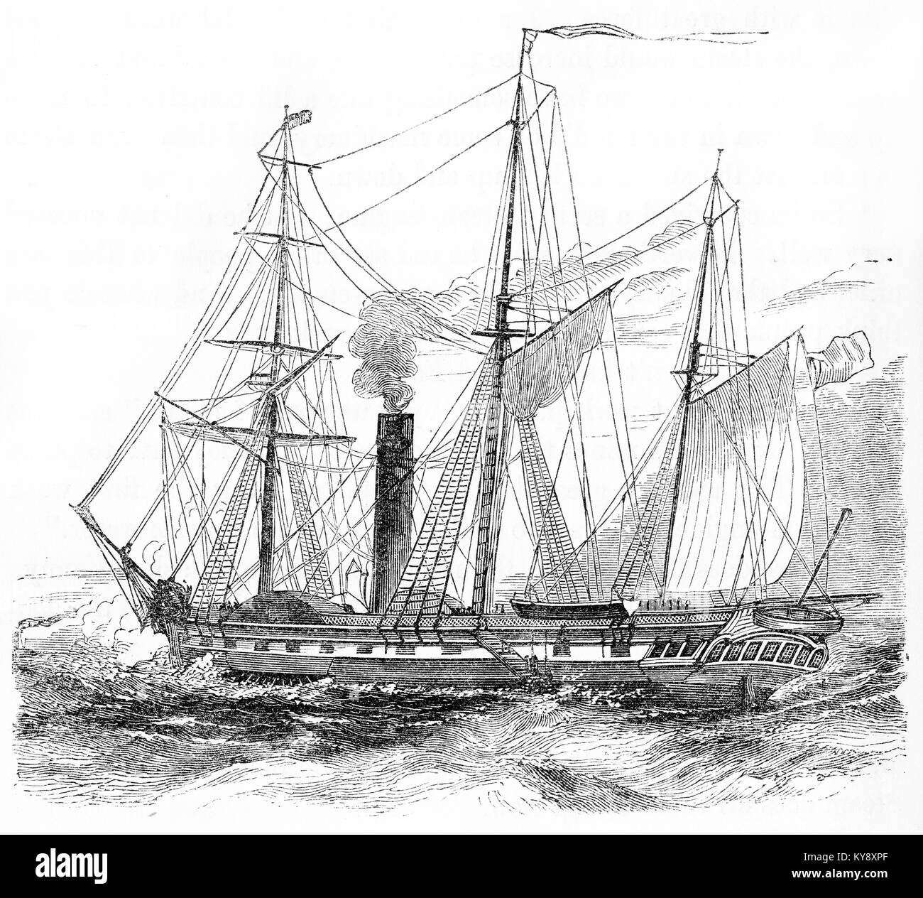 Engraving of a sailing ship equipped with steam boilers during the Victorian era. From an original engraving in the Harper's Story Books by Jacob Abbott, 1854. Stock Photo