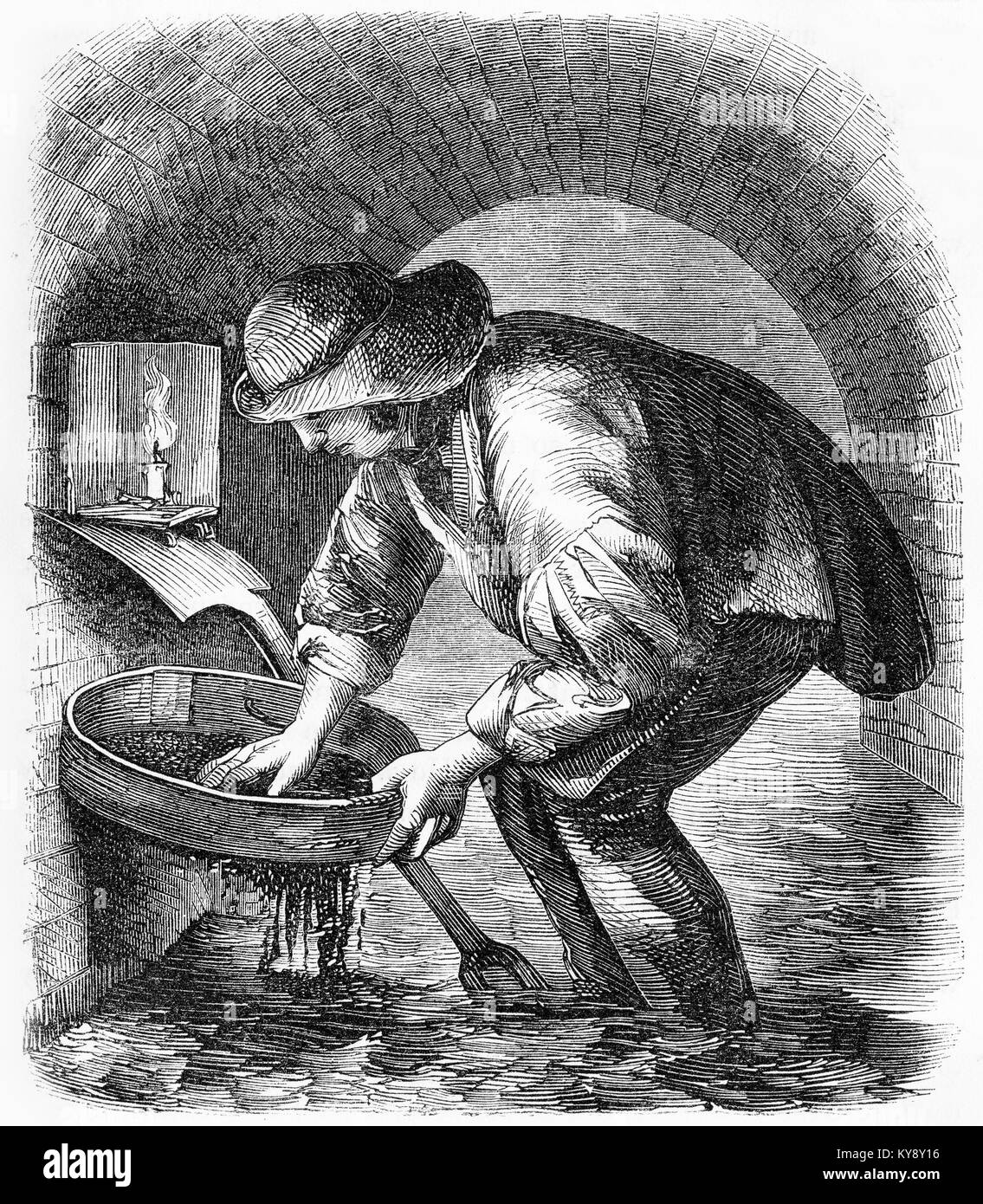Engraving of a sewer hunter commonly at work cleaning the sewers of London during the Victorian era. From an original engraving in the Harper's Story Books by Jacob Abbott, 1854. Stock Photo