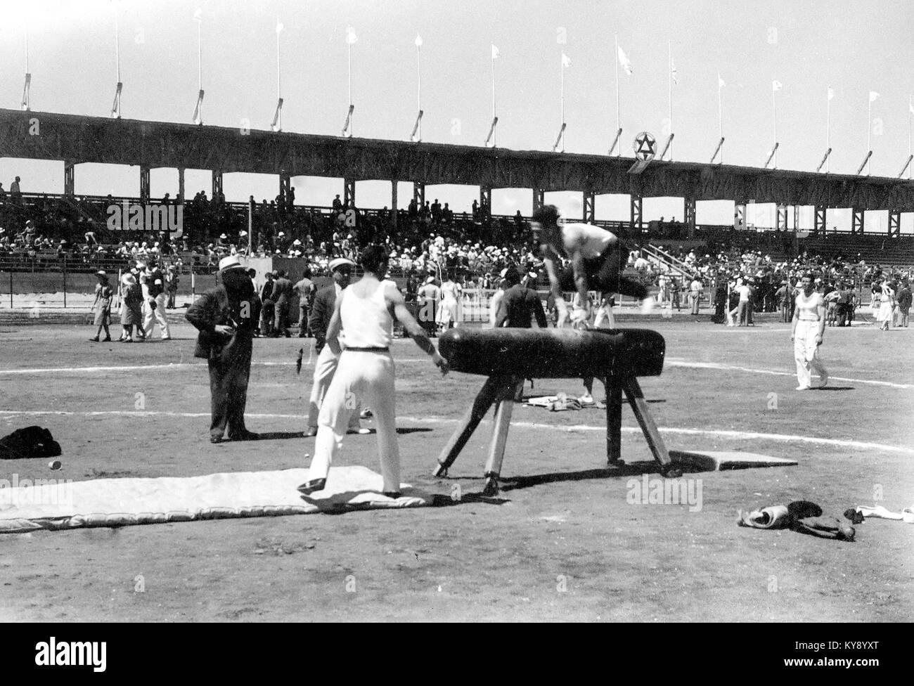 Performing a routine on the pommel horse, 1935 Maccabiah Games (77