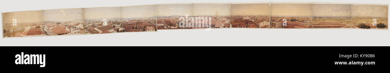 This panorama of Bombay (now Mumbai) from around 1837 provides a detailed view of the city's landscape, architecture, and port area during the early colonial period in India. Stock Photo