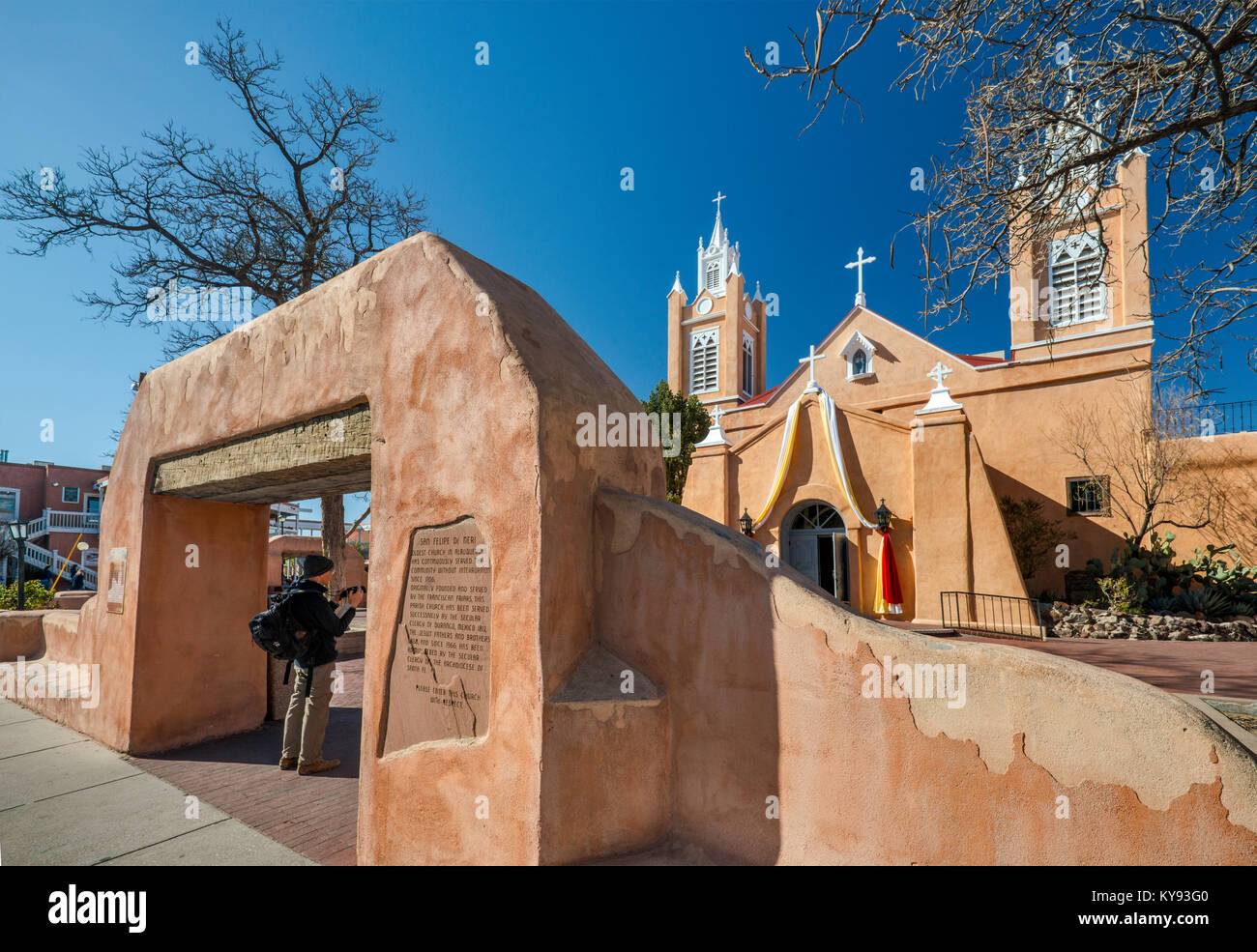 Adobe gate to San Felipe de Neri Church, Old Town Plaza, Albuquerque, New Mexico, USA Stock Photo