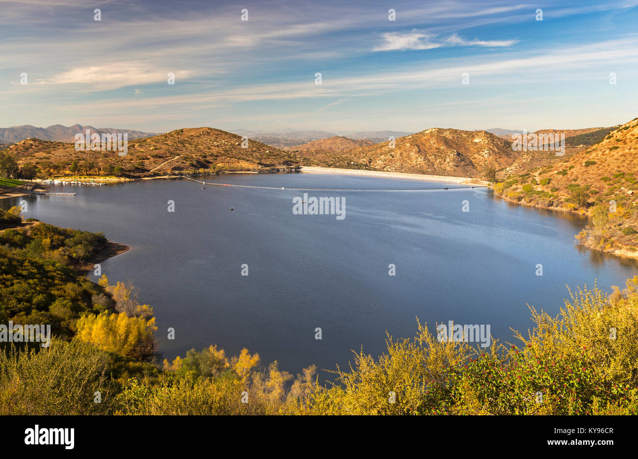 Panoramic Landscape Scenic View of Lake Poway fishing and recreation area in San Diego North County Inland California USA Stock Photo