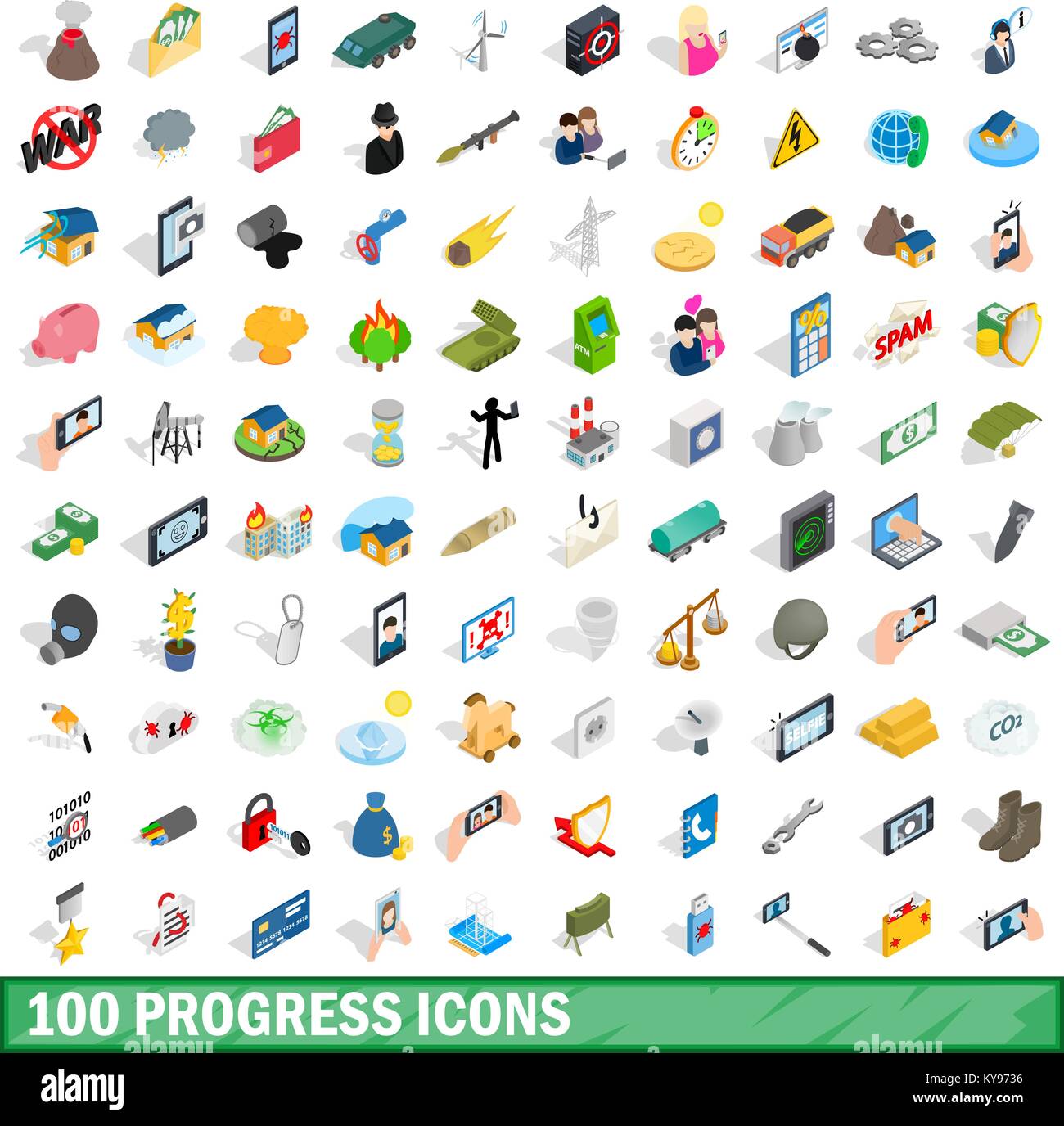100 progress icons set in isometric 3d style for any design vector ...