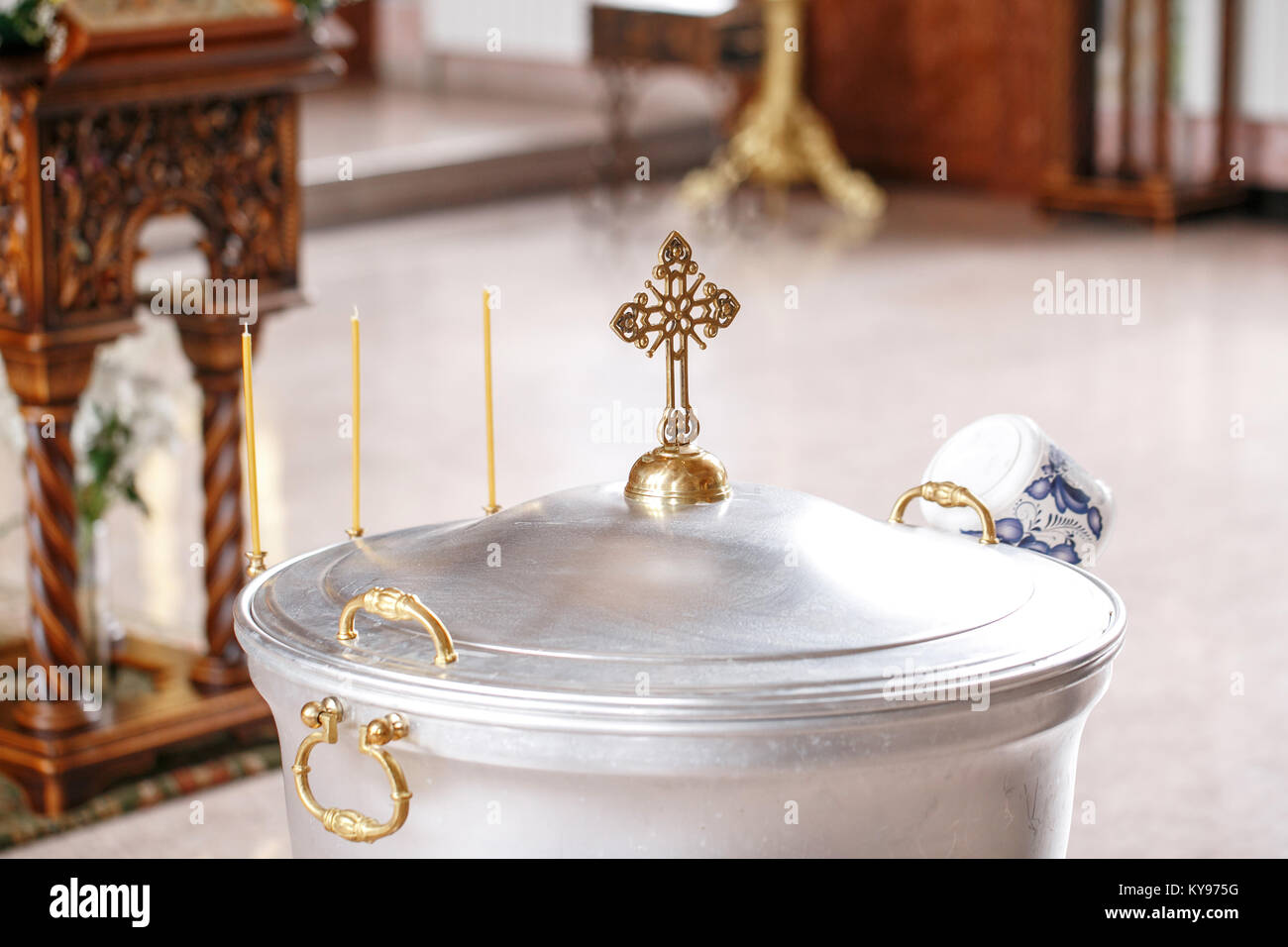 baptismal font. Accessories for the christening of children icons of