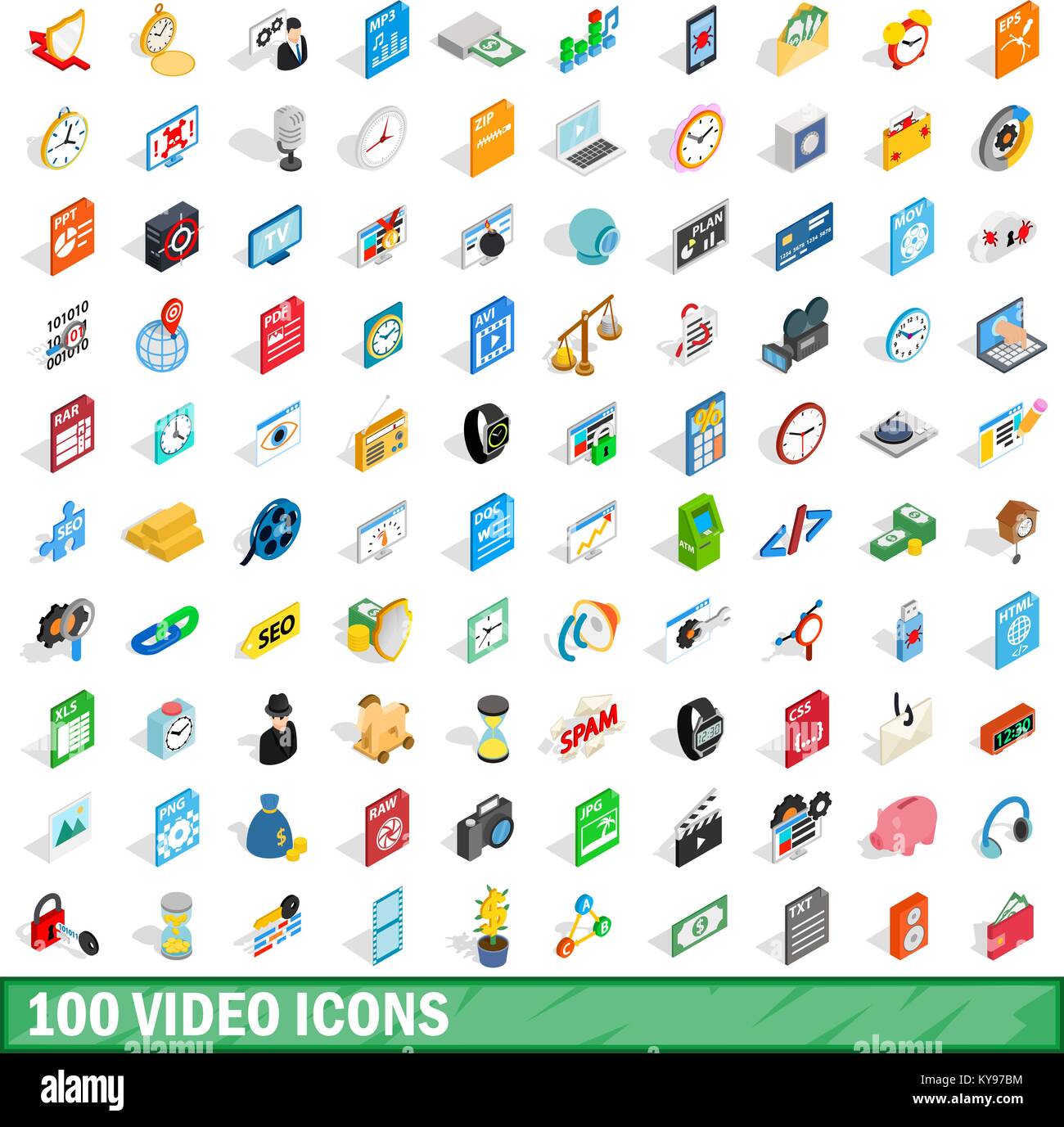 100 video icons set in isometric 3d style for any design vector ...