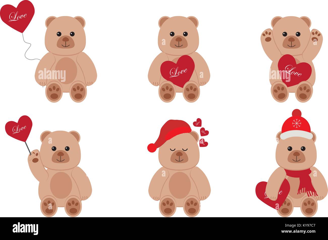 Set of teddy bears with red hearts Stock Vector