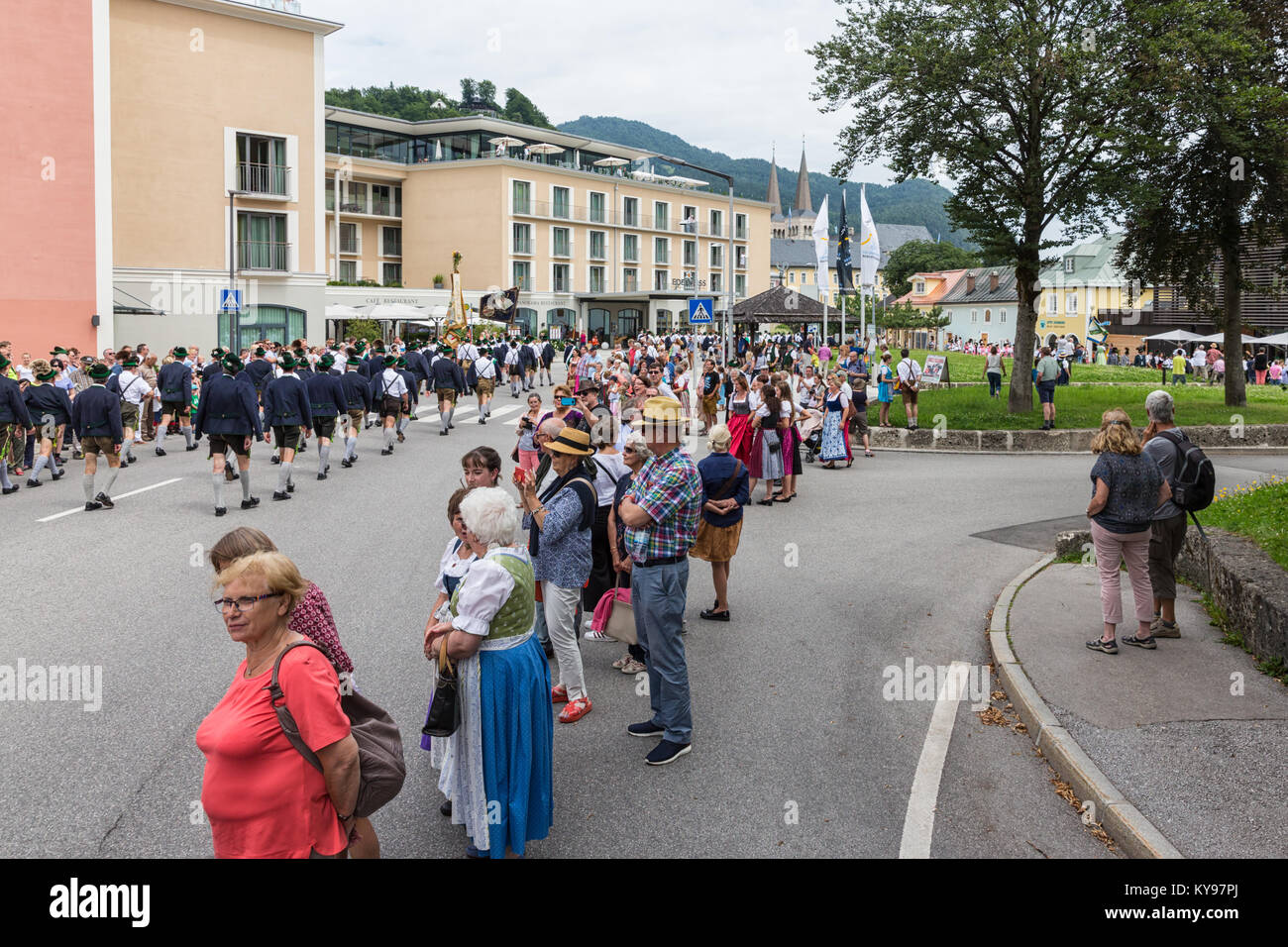 Festival with parade of fanfare and people in traditonal costumes Stock Photo