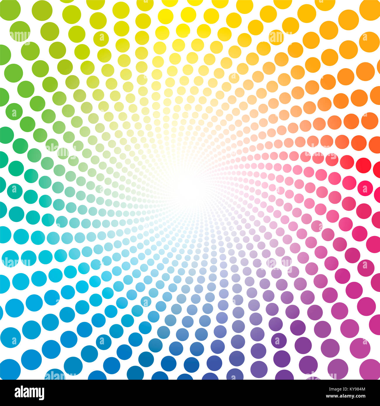 Spiral pattern - rainbow colored tunnel with light center - twisted circular background illustration, hypnotic and psychedelic. Stock Photo