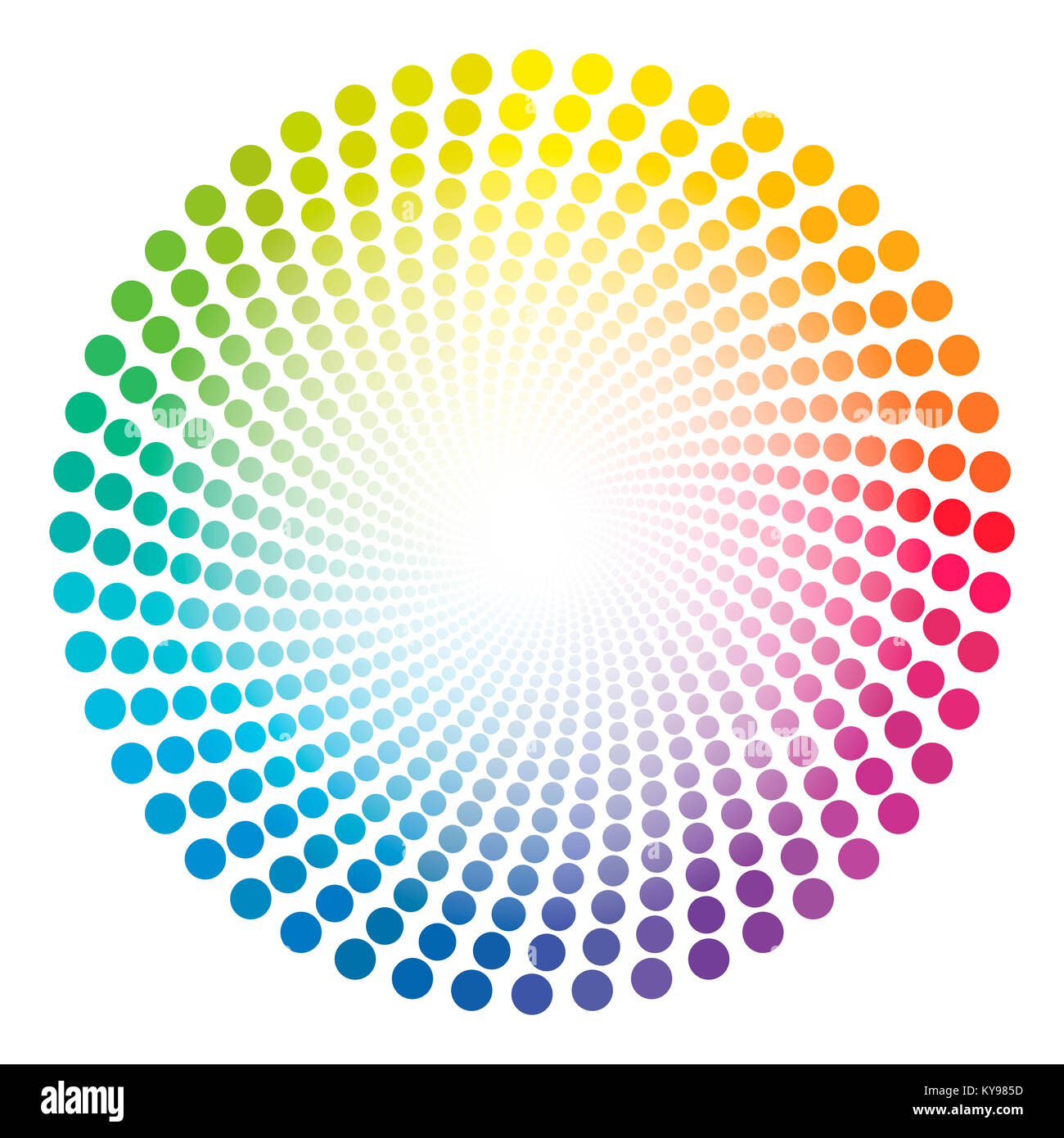 Spiral dots tube pattern - rainbow colored twisted circle illustration with white shining glowing center. Stock Photo