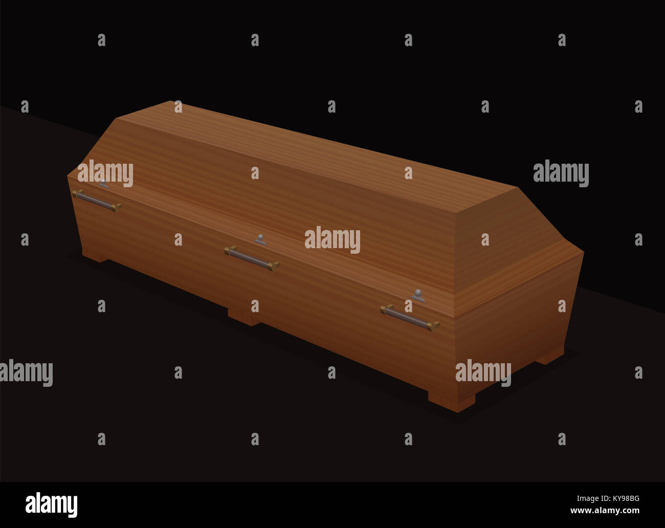 Casket - massive, solid, light brown wooden coffin - three-dimensional illustration on black background. Stock Photo