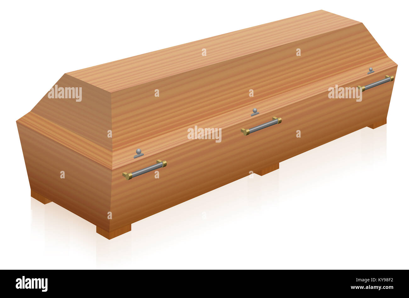 Coffin - massive, solid, light brown wooden casket - three-dimensional illustration on white background. Stock Photo