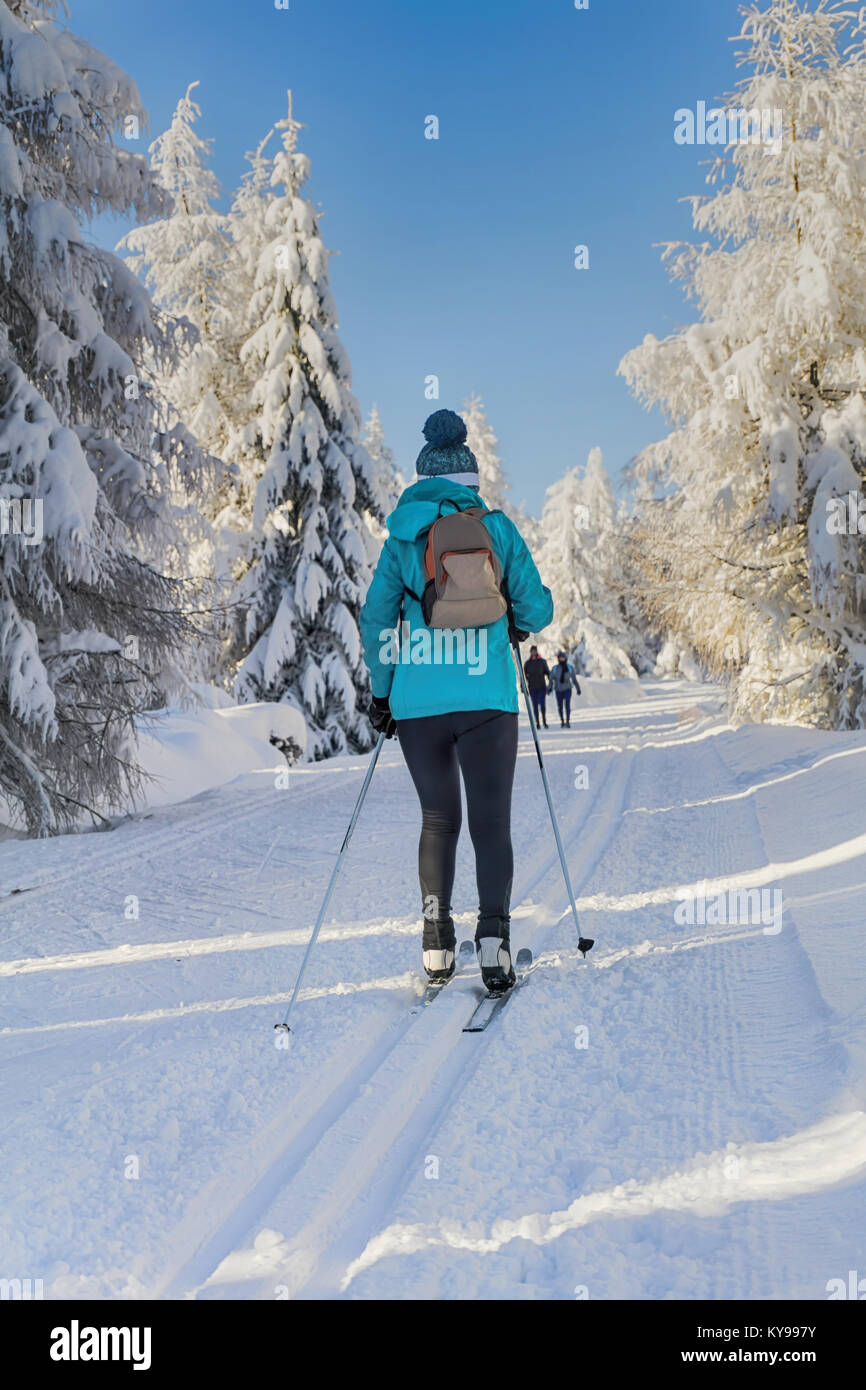 Winter road in mountains. Female skier on groomed ski trails for cross-country. Trees covered with fresh snow in sunny day in Karkonosze, Giant Mounta Stock Photo