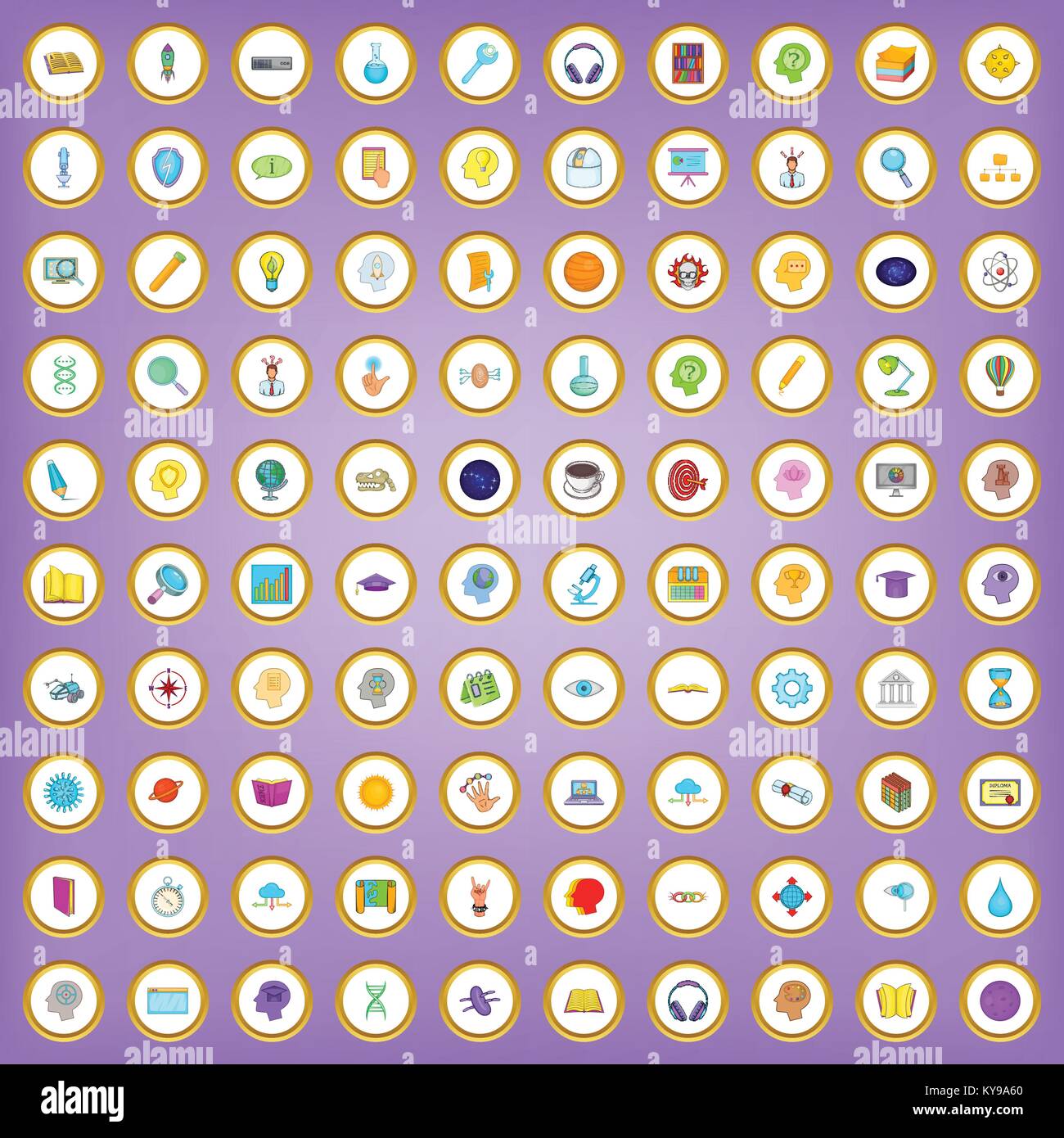 100 brainstorm icons set in cartoon style on purple background vector ...