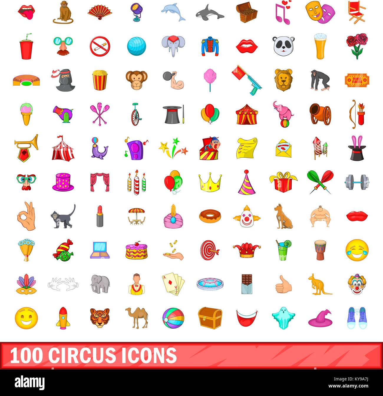 100 circus icons set in cartoon style for any design vector ...