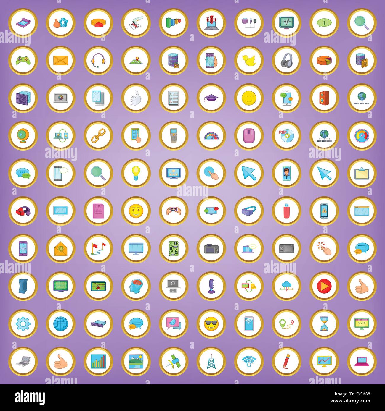 100 computer network icons set in cartoon style on purple background ...