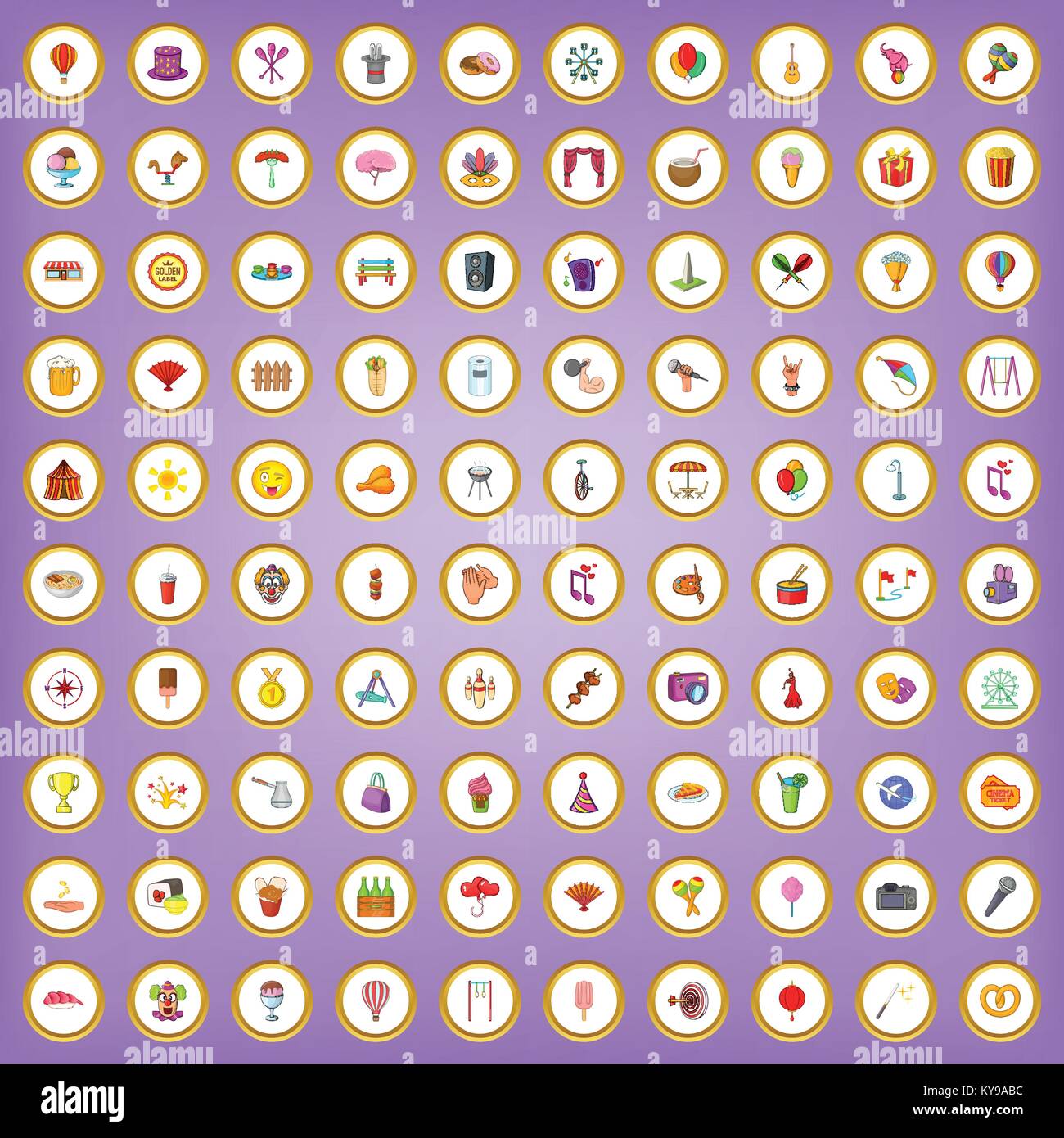 100 festival icons set in cartoon style on purple background vector ...