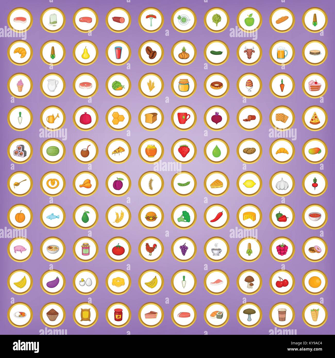 100 fresh food icons set in cartoon style on purple background vector ...