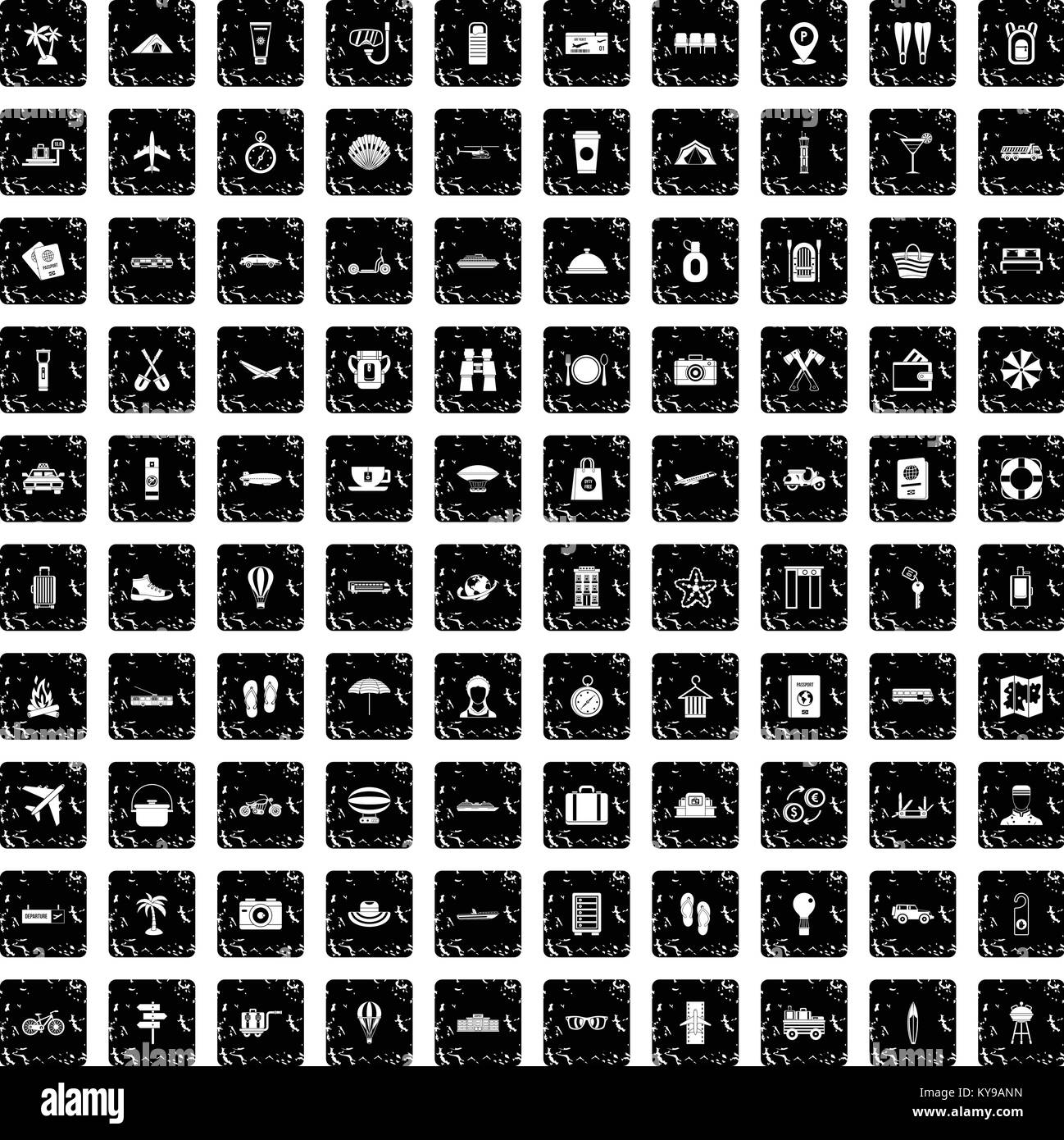 100 travel time icons set in grunge style isolated vector illustration