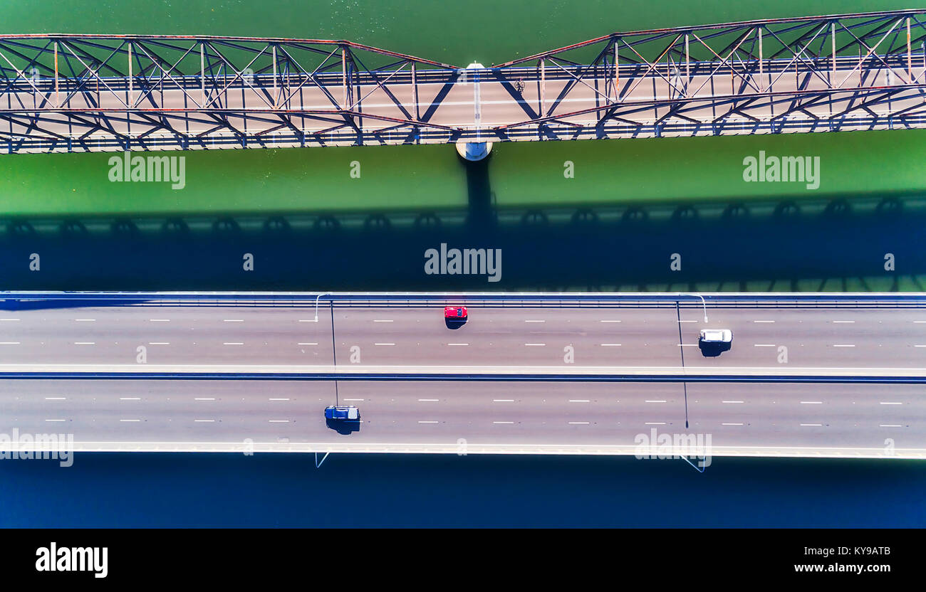 TOp down view on the bridges of M1 motorway Sydney to Newcastle over Hawkesbury river on a sunny summer day. Mighty australian river flows into pacifi Stock Photo