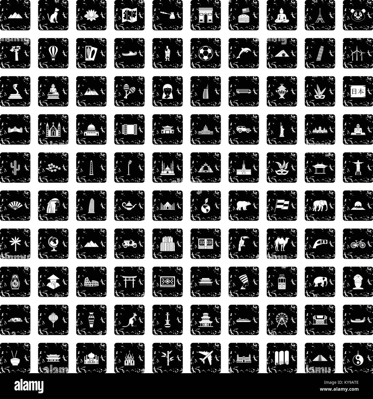 100 world tour icons set in grunge style isolated vector illustration