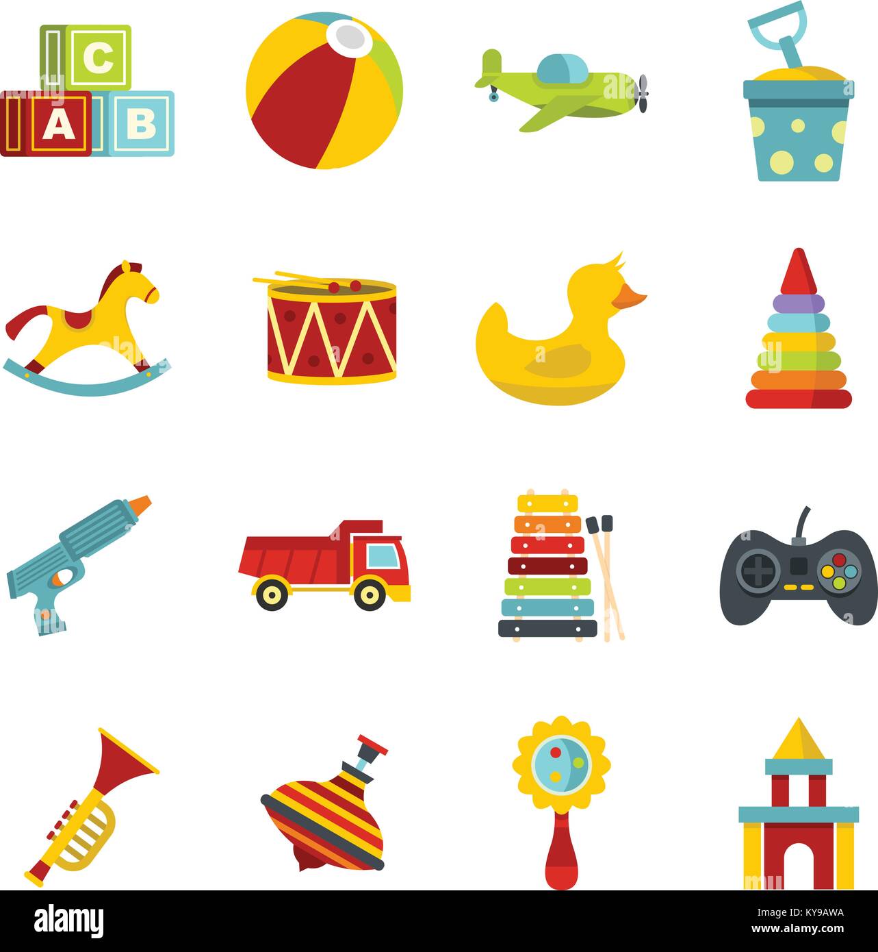 Different kids toys icons set in flat style isolated vector ...
