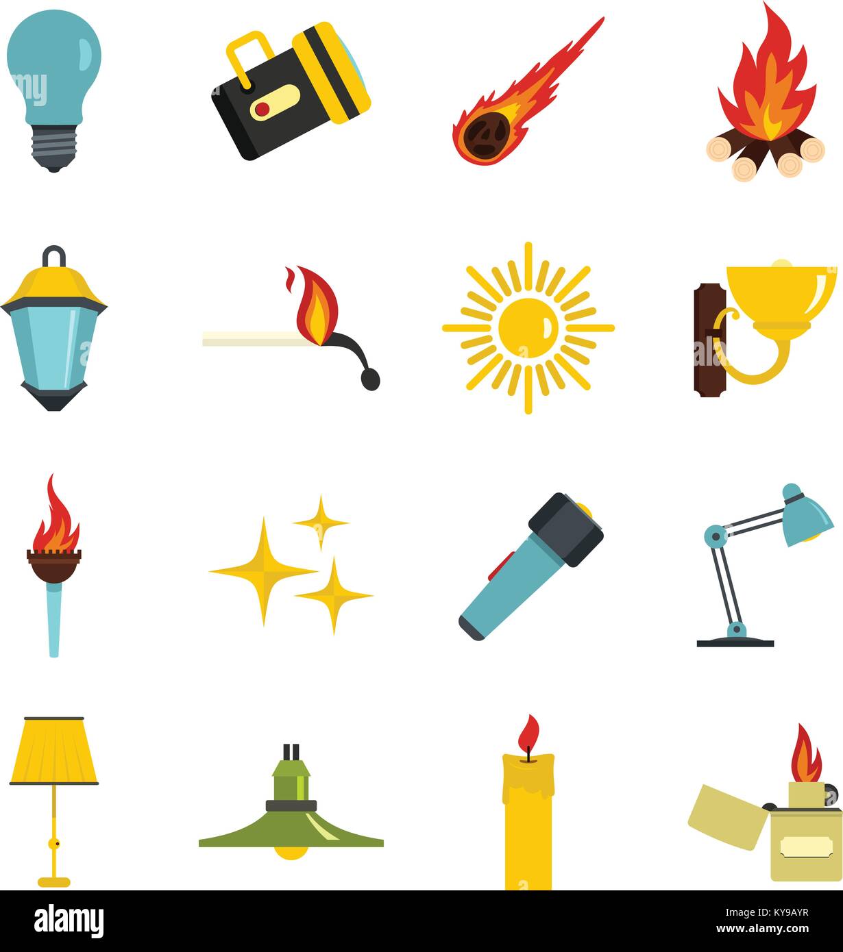 Light source symbols icons set in flat style isolated vector ...