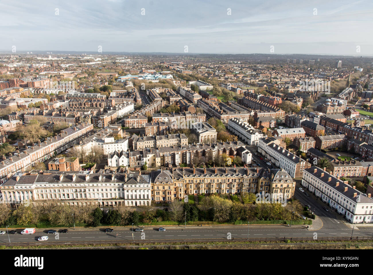 Liverpool, England, UK - November 9, 2017:  Terraces of houses line wide streets in Liverpool's Georgian Quarter suburb. Stock Photo
