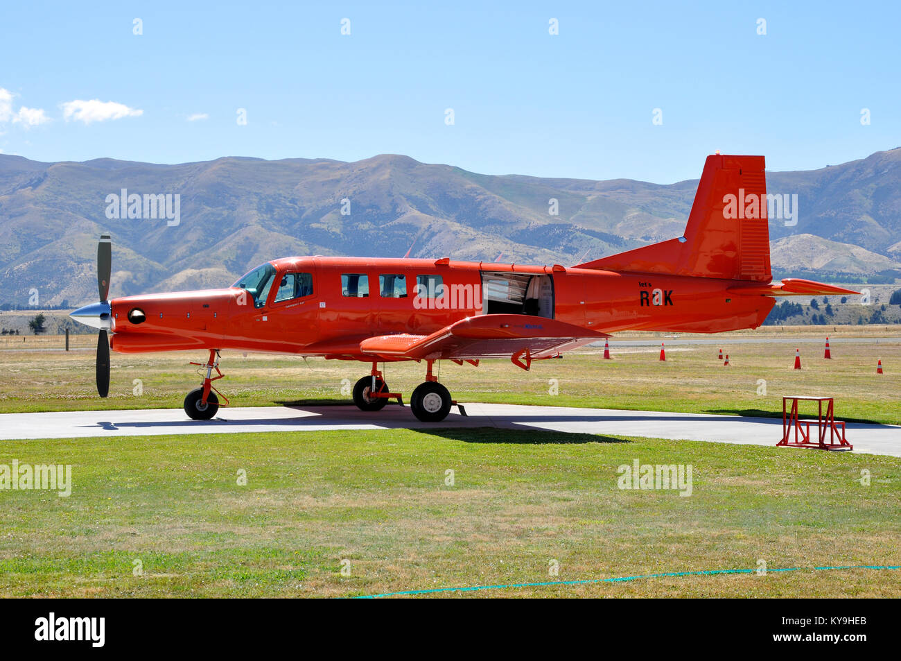 Pacific Aerospace 750XL ZK-ROK turboprop plane used for parachute jumping by Skydive Wanaka at Wanaka Airport, Otago, New Zealand Stock Photo