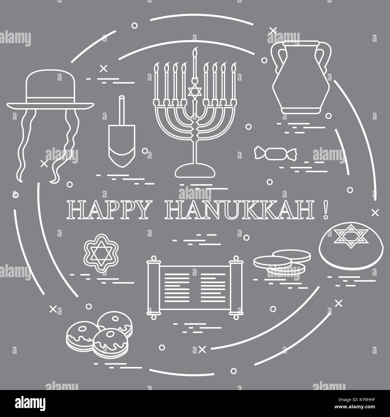 Vector illustration Jewish holiday Hanukkah dreidel, sivivon, menorah